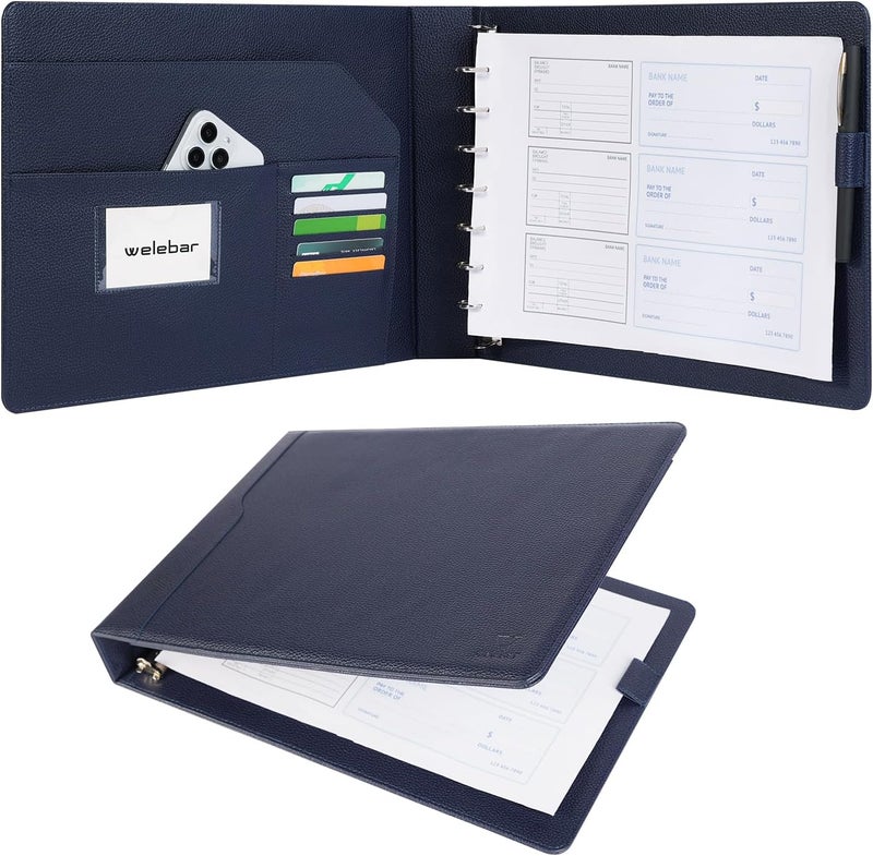 welebar 7-Ring Business Check Binder for 9 x 13 Sheets, 600 Checks Capacity PU Leather Portfolio with Storage Organizer & Zippered Pouch for 3-on-a-Page Business Checks - Image 1